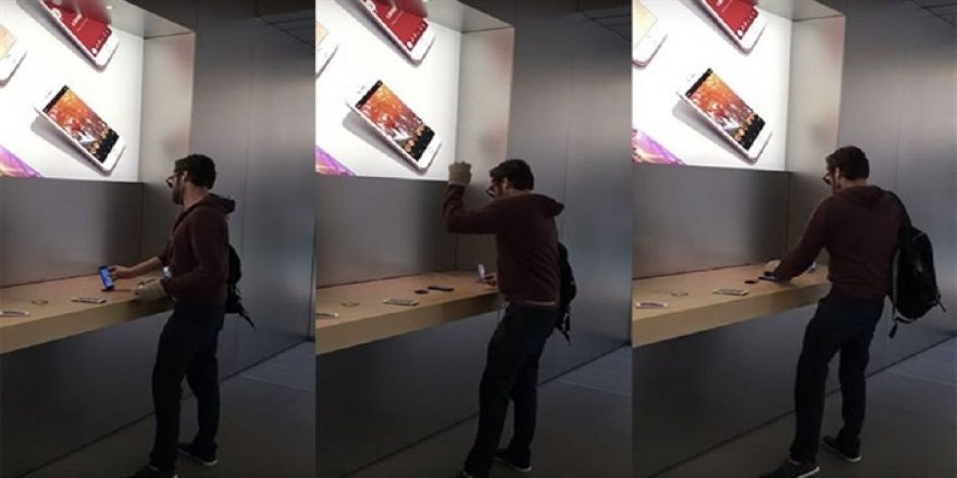 Öfkeli müşteri Apple Store'daki iPhone'ları parçaladı!
