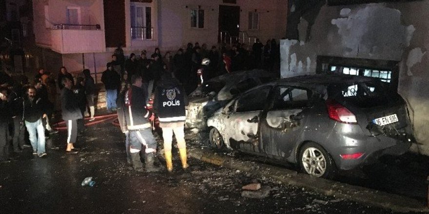 Park halinde bulunan iki otomobil alev alev yandı
