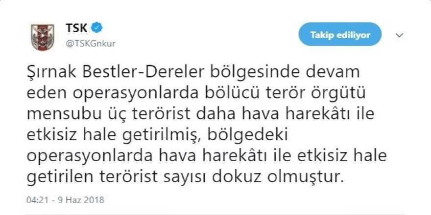 TSK: "Şırnak’ta etkisiz hale getirilen terörist sayısı 9’a ulaştı"