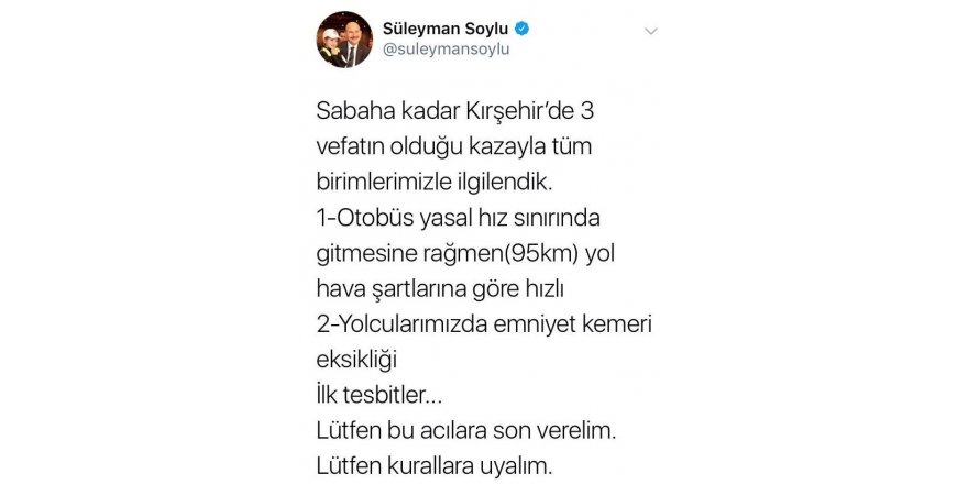 Bakan Soylu’dan Kırşehir’deki otobüs kazasına ilişkin açıklama
