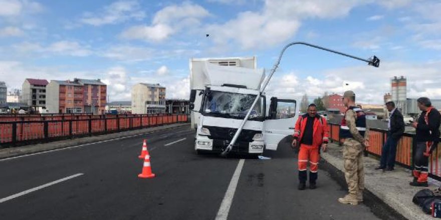Lastiği patlayan kamyon sinyalizasyon direğine çarptı