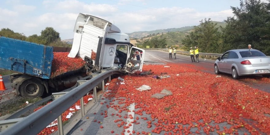 Tonlarca domates yola saçıldı