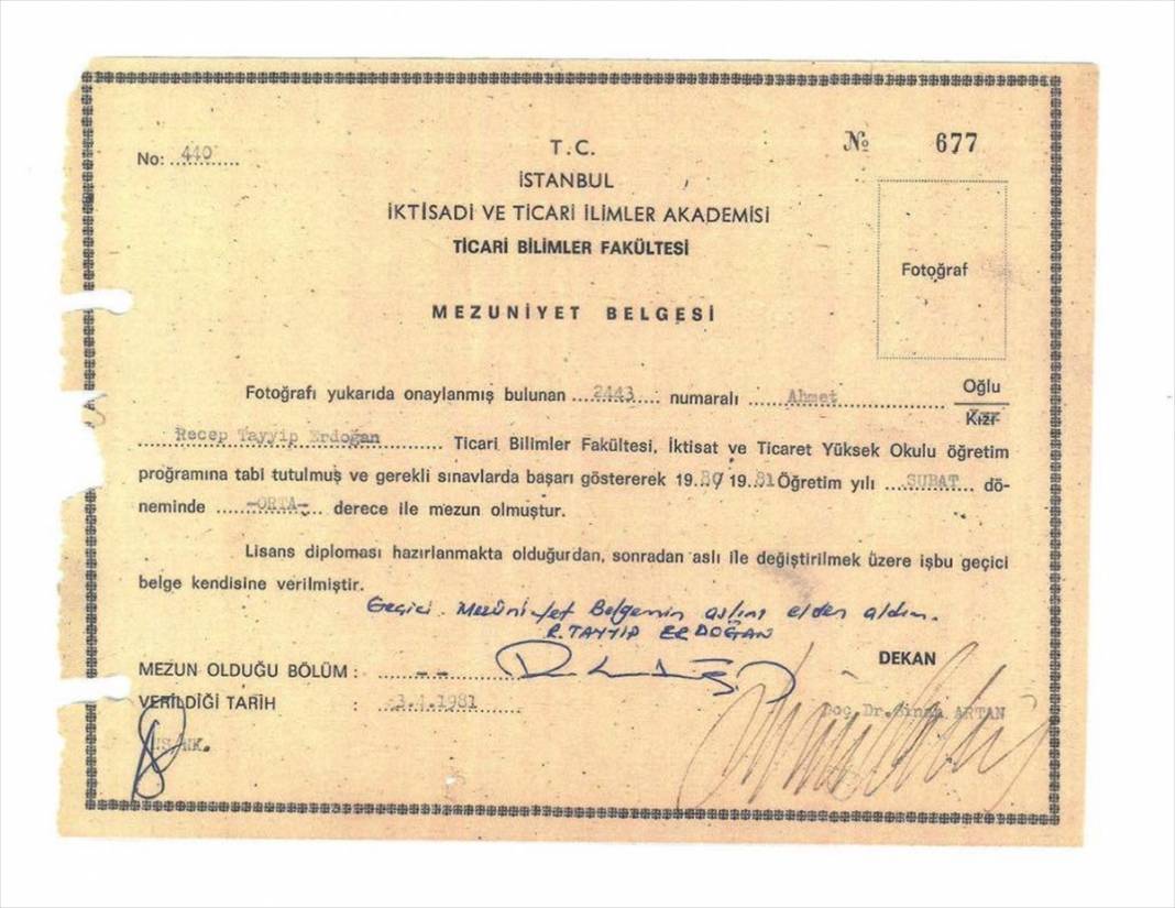 İşte Cumhurbaşkanı Erdoğan'ın lisans diploması 1