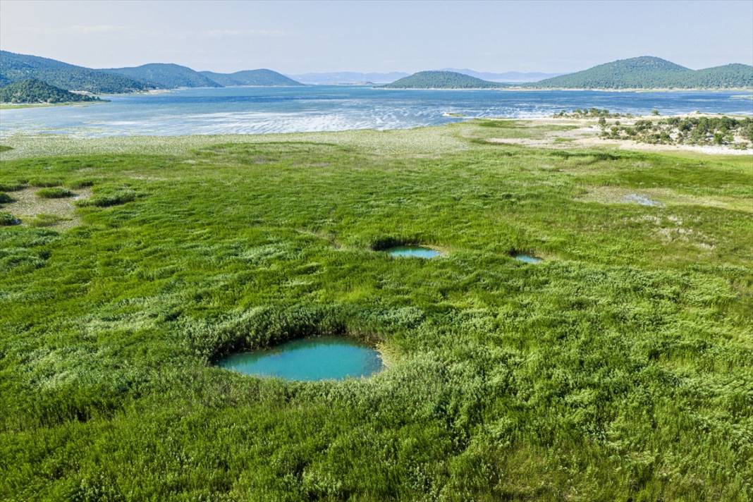 Beyşehir Gölü'nde kuraklık nedeniyle ortaya çıkan gözeler havadan görüntülendi 1
