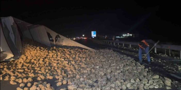 Köpeğe çarpmamak için sürücüsünün manevra yaptığı pancar yüklü tır refüje devrildi