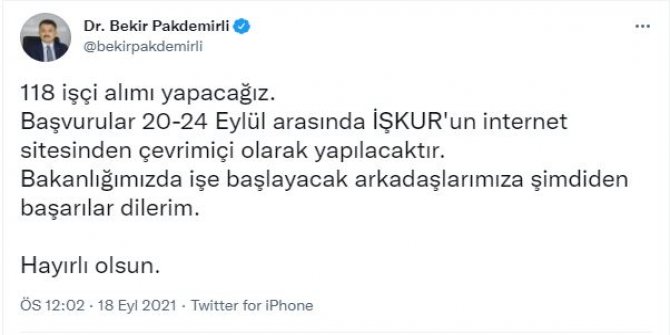 Bakan Pakdemirli: 118 işçi alımı yapacağız