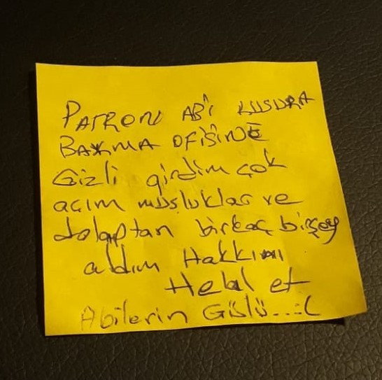 "Hakkını helal et ağabeylerin gülü" notu bırakan hırsıza, mağdur patrondan yemek ve iş sözü