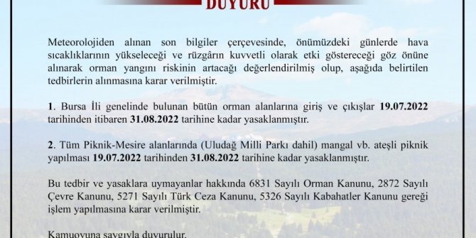 Bursa’da ormanlara giriş çıkışlar ve ateşli piknik yapılması yasaklandı