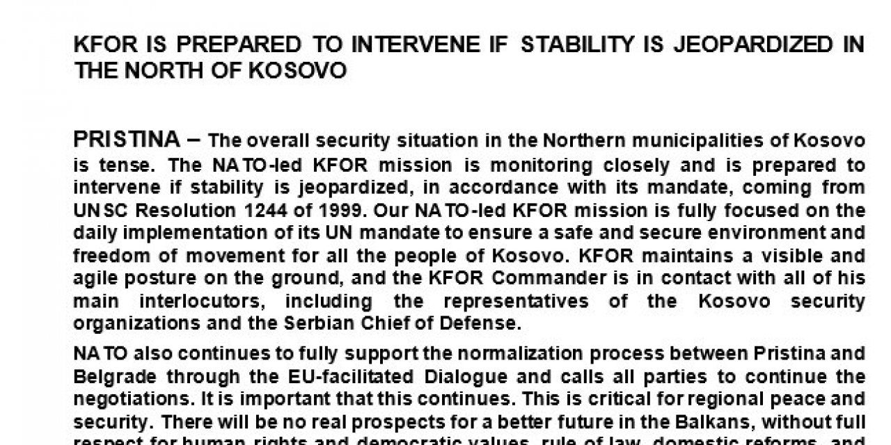 NATO Kosova Gücü: İstikrar tehlikeye girerse müdahale etmeye hazırız