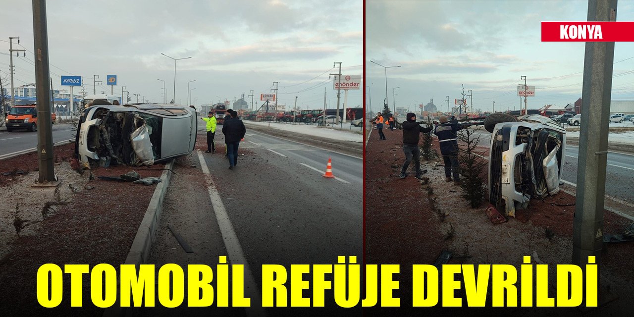 Konya’da Türkmen Kavşağında kaza! Otomobil refüje devrildi