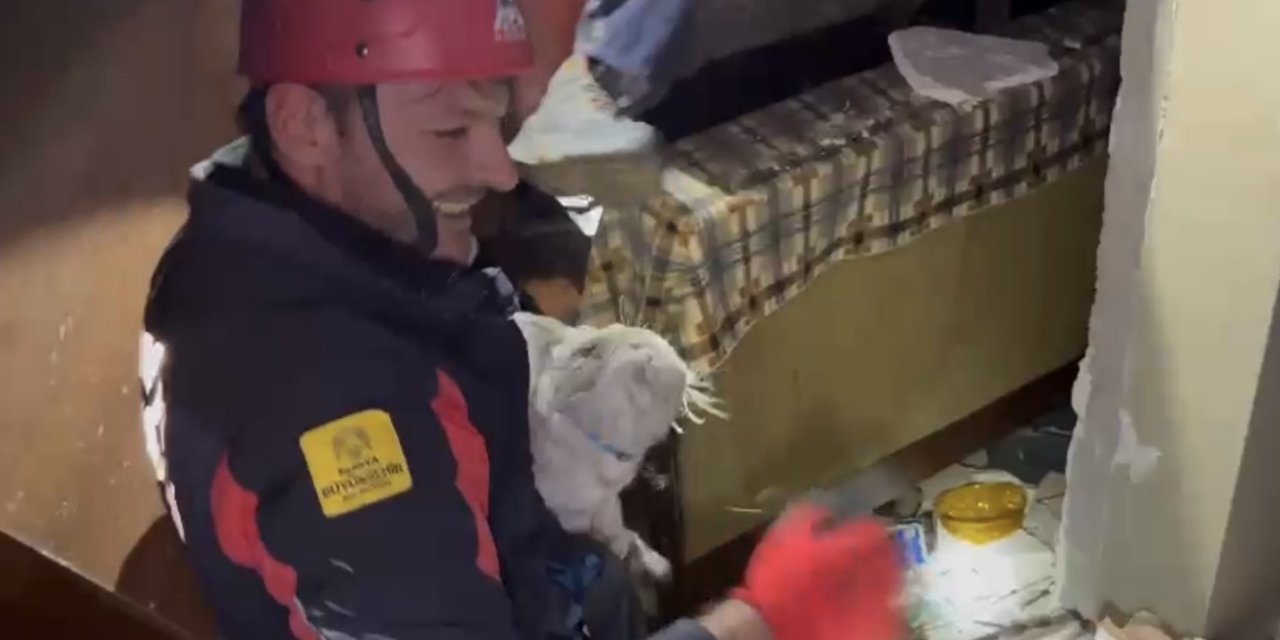 Konya itfaiyesi ağır hasarlı binada kalan kediyi kurtardı