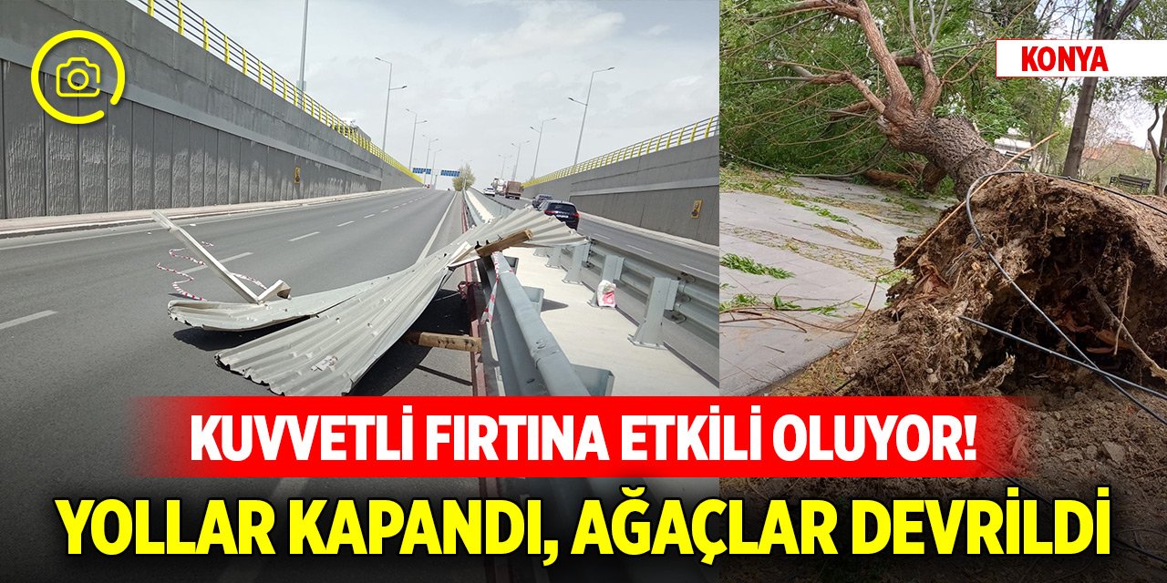 Konya'da kuvvetli fırtına etkili oluyor! Yollar kapandı, ağaçlar devrildi