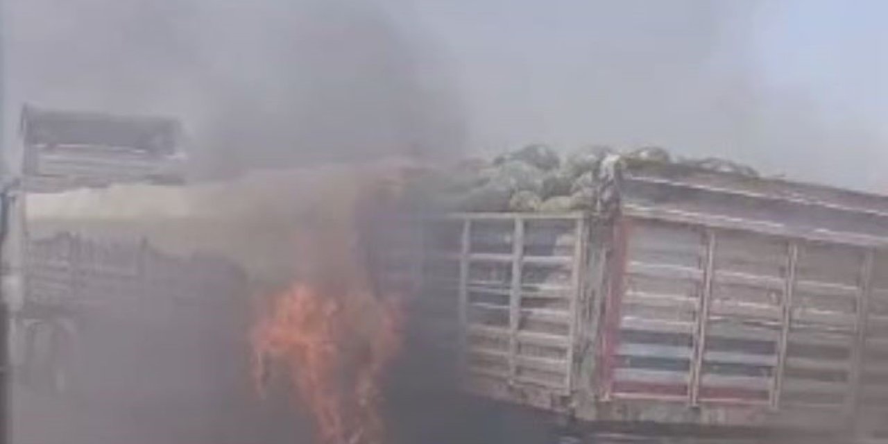 Konya'da karpuz yüklü tırda yangın