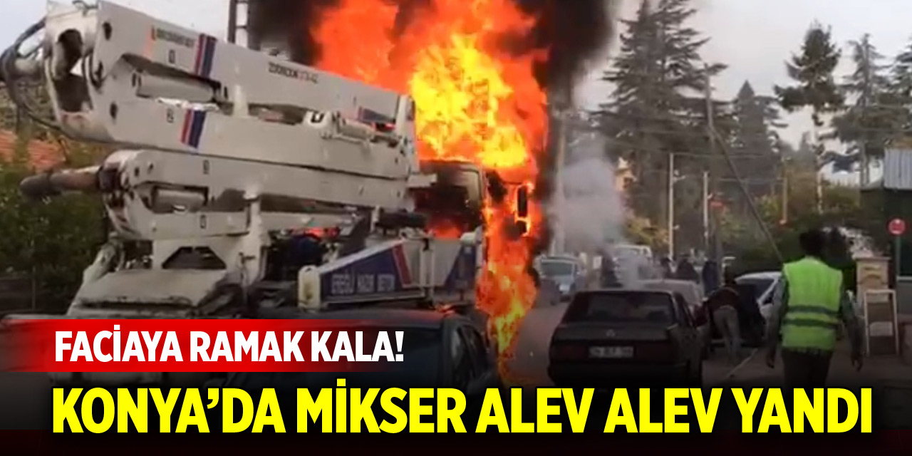 Beton pompası alev alev yandı, 2 otomobil zarar gördü