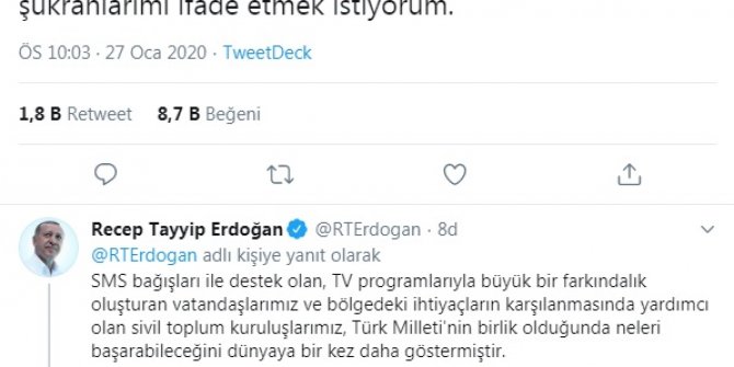 Cumhurbaşkanı Erdoğan'dan deprem yardımlarına teşekkür açıklaması