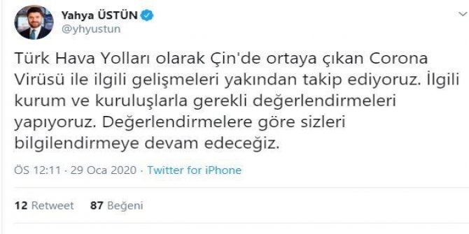 THY’den Çin uçuşları hakkında açıklama