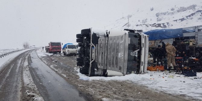 Siirt’te meyve yüklü tır devrildi