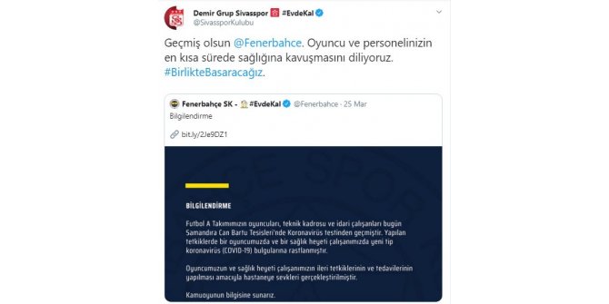 Sivasspor’dan Fenerbahçe’ye geçmiş olsun mesajı