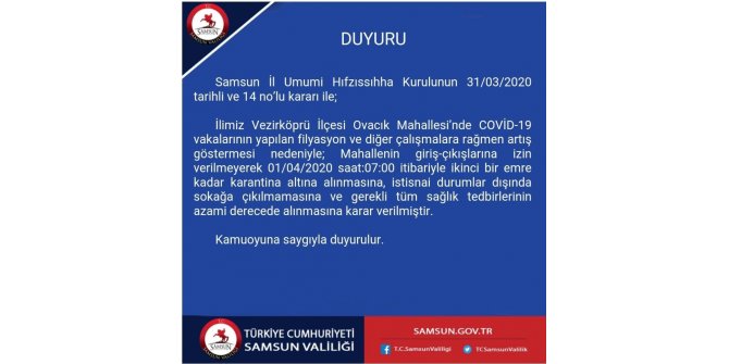 Samsun’da bir kırsal mahalle karantinaya alındı