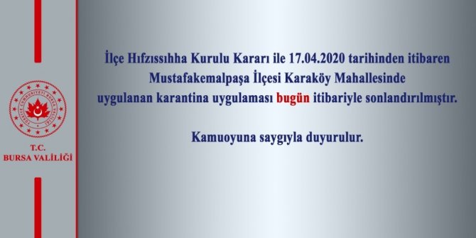 Bursa’nın Mustafakemalpaşa ilçesindeki karantina sonlandırıldı