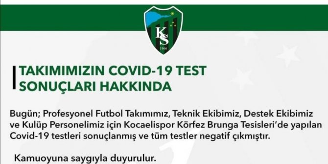 Kocaelispor’da korona virüs testleri negatif çıktı