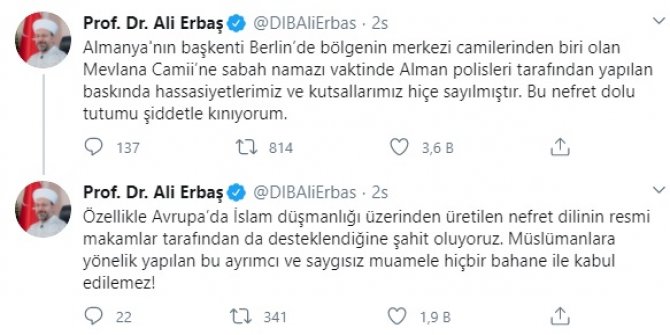 Diyanet İşleri Başkanı Erbaş: Bu nefret dolu tutumu şiddetle kınıyorum