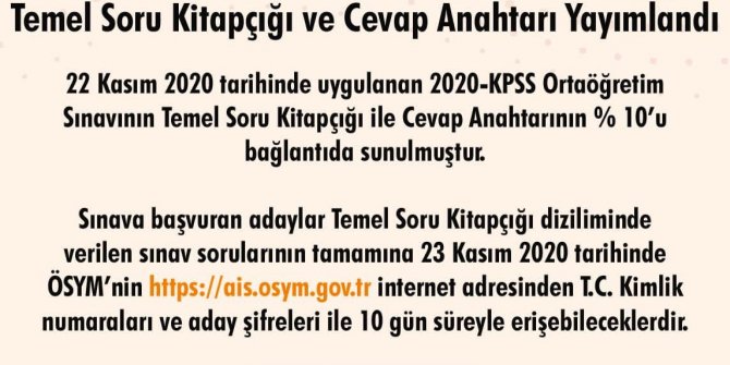 2020-KPSS ortaöğretim temel soru kitapçığı ve cevap anahtarı yayımlandı