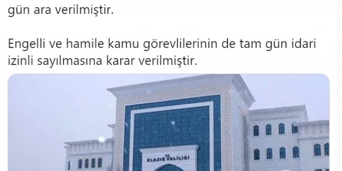 Elazığ'da kar nedeniyle yüz yüze eğitime bir gün ara verildi