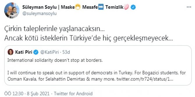 Bakan Soylu'dan Kati Piri'ye cevap: Kirli taleplerinle yaşlanacaksın