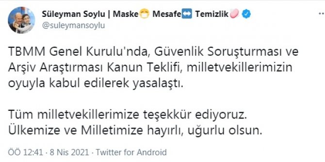 Bakan Soylu: Tüm milletvekillerimize teşekkür ediyorum