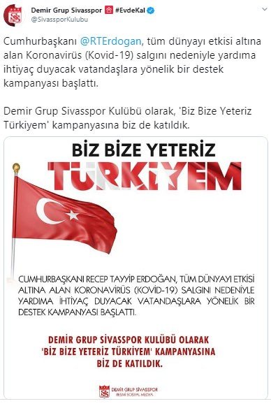 Sivasspor’dan Milli Dayanışma Kampanyası’na destek