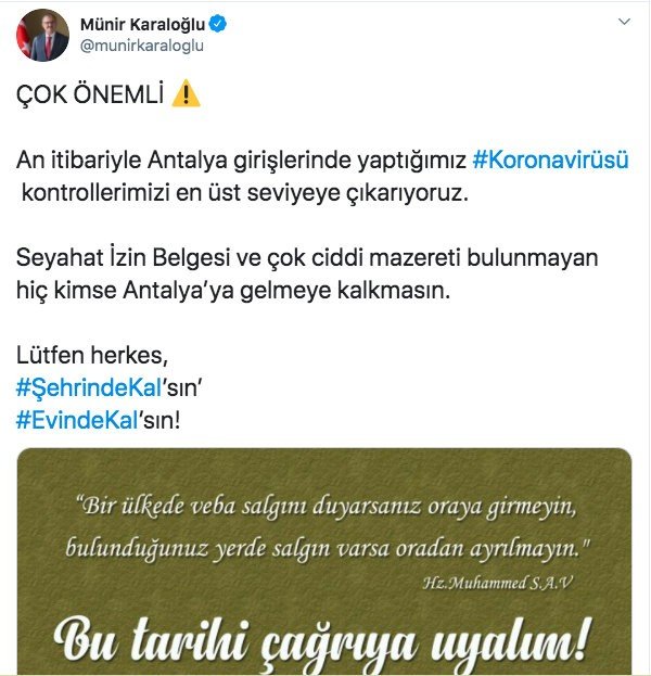 Antalya Valisi Karaloğlu: "Seyahat İzin Belgesi ve çok ciddi mazereti bulunmayan hiç kimse Antalya’ya gelmeye kalkmasın"