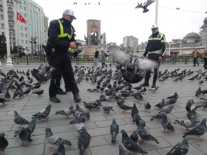 Taksim’de aç kalan güvercinleri trafik polisleri besledi