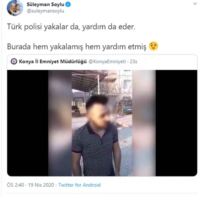 Konya Emniyeti yakaladı, İçişleri Bakanı Süleyman Soylu paylaştı! İşte sokağa çıkma yasağını delen gencin videosu