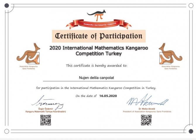 Çınarlı 4’üncü sınıf öğrencisi Uluslararası Kanguru Matematik Yarışmasında 1’inci oldu