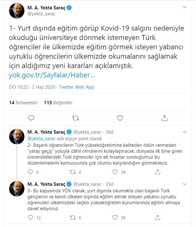 YÖK Başkanı Saraç'tan, yurt dışındaki öğrencilere çağrı