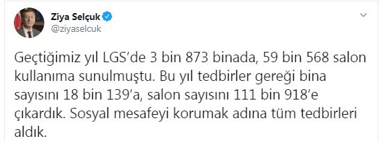 Bakan Selçuk: LGS'de salon sayısını 111 bin 918'e çıkardık