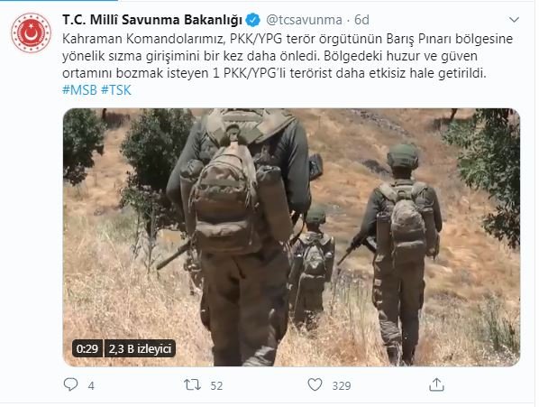 MSB: Barış Pınarı bölgesinde 1 PKK/YPG'li terörist etkisiz hale getirildi