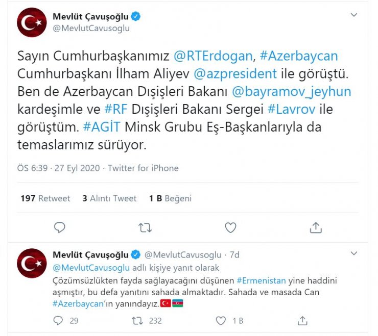 Bakan Çavuşoğlu: Sahada ve masada Azerbaycan'ın yanındayız