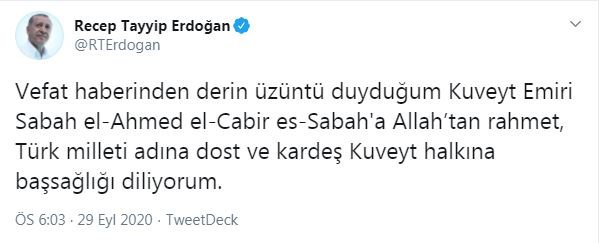 Cumhurbaşkanı Erdoğan'dan Kuveyt Emiri için başsağlığı mesajı