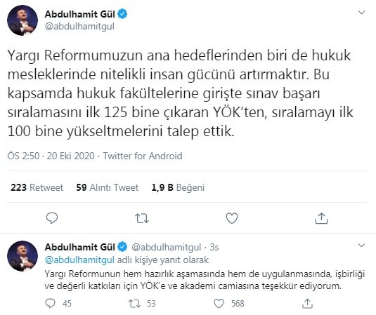 Bakan Gül'den, hukuk fakültesine giriş sıralamasına düzenleme talebi 