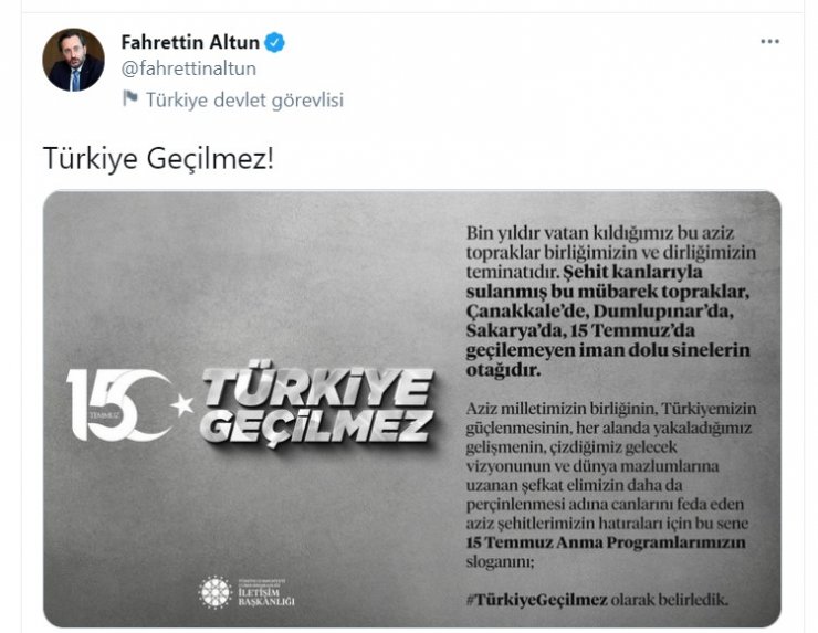 İletişim Başkanı Altun: 15 Temmuz anma programlarımızın sloganını 'Türkiye Geçilmez' oldu