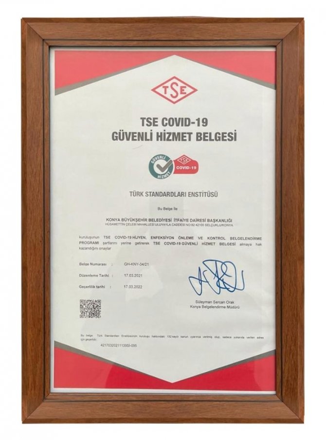 Konya itfaiyesi Covid-19 Güvenli Hizmet Belgesi alan ilk teşkilat oldu