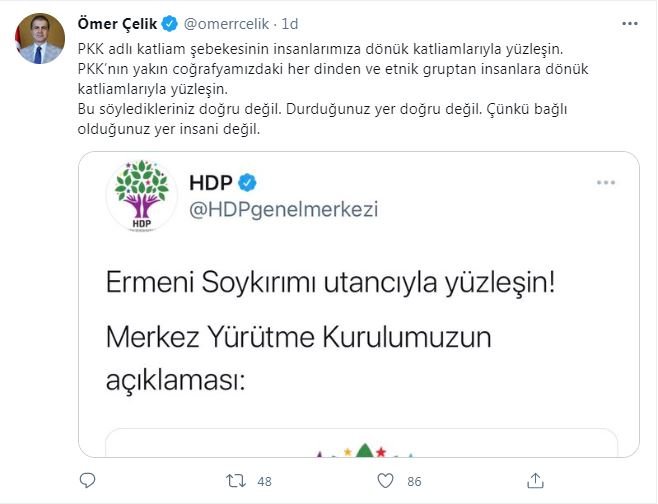 Ömer Çelik'ten HDP'ye tepki: PKK'nın insanlarımıza dönük katliamlarıyla yüzleşin