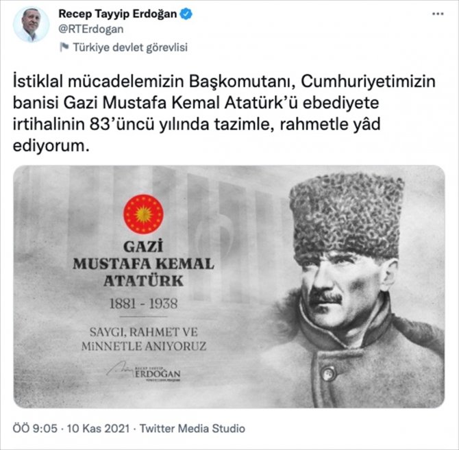 Erdoğan, Atatürk'ü saat 09.05'te paylaştığı mesajla andı