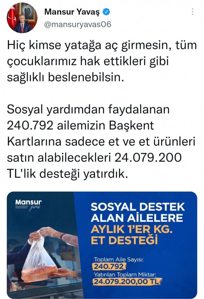 Ankara Büyükşehir’den çocuklar için aylık 1 kilo et desteği