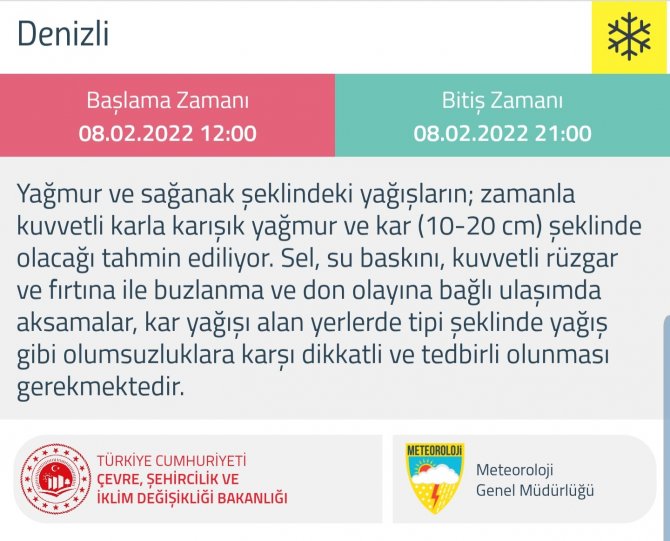 Meteorolojiden Denizli’ye sarı uyarı