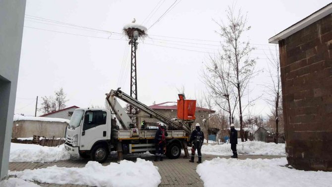 VEDAŞ ekipleri, karla kaplı leylek yuvalarına yem bıraktı