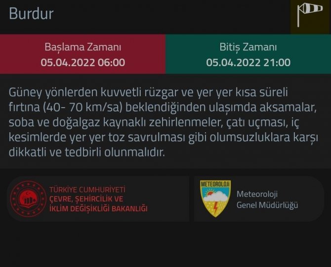 Burdur’da fırtına uyarısı