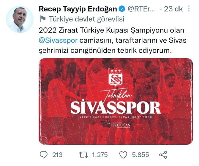 Cumhurbaşkanı Erdoğan, Sivasspor’u tebrik etti